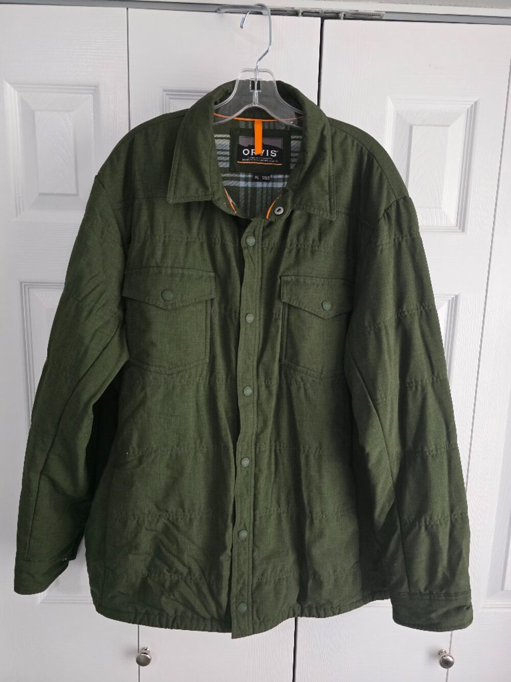 Orvis Men’s XL Olive Green Quilted Shirt Jacket Plaid Lined